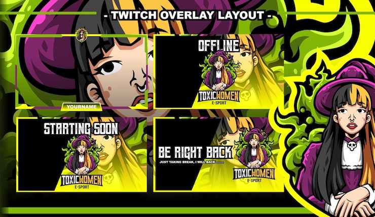 Vecteur toxic women magician gaming layout design streamer twitch logo character