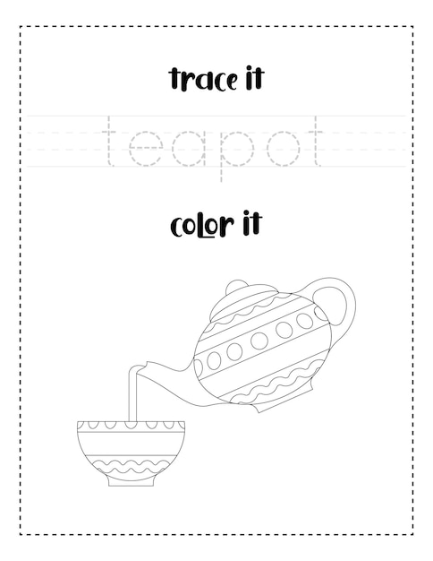 Vecteur traçage des mots de l'écriture manuscrite et couleur verser du thé à partir d'une théière pratique de l'écriture manuscrite pour les enfants