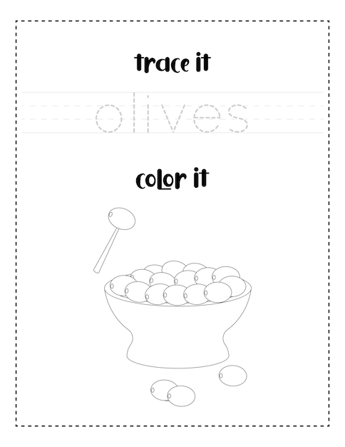 Vecteur traçage des mots de l'écriture manuscrite et pratique de l'écriture manuscrite des olives colorées pour les enfants