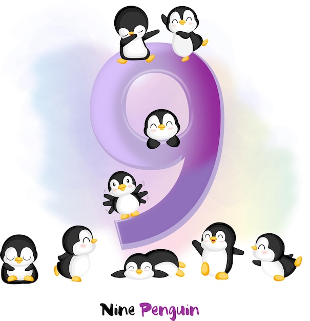 Traçage Numéro Neuf Avec 9 Penguin Pour Les Enfants Qui Apprennent à Compter