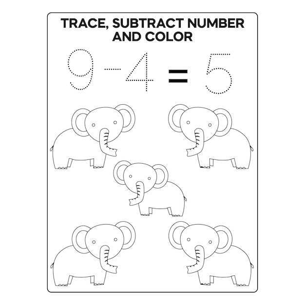 Vecteur traçage soustraire numéro et page couleur pour enfants imprimable vecteur premium