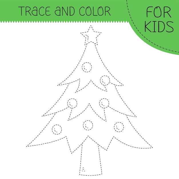 Trace et couleur livre de coloration avec arbre de Noël pour enfants Page de coloration with cute dessin animé arbre de noël illustration carrée vectorielle