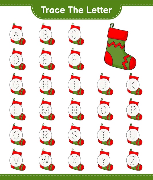Tracer la lettre alphabet de lettre de traçage avec chaussette de Noël jeu éducatif pour enfants illustration vectorielle de feuille de calcul imprimable