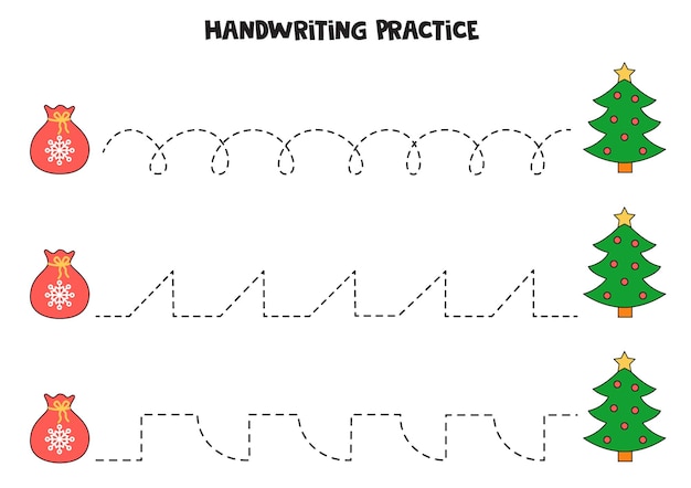 Tracer Des Lignes Avec Des Arbres De Noël Et Des Sacs. Pratique De L'écriture.