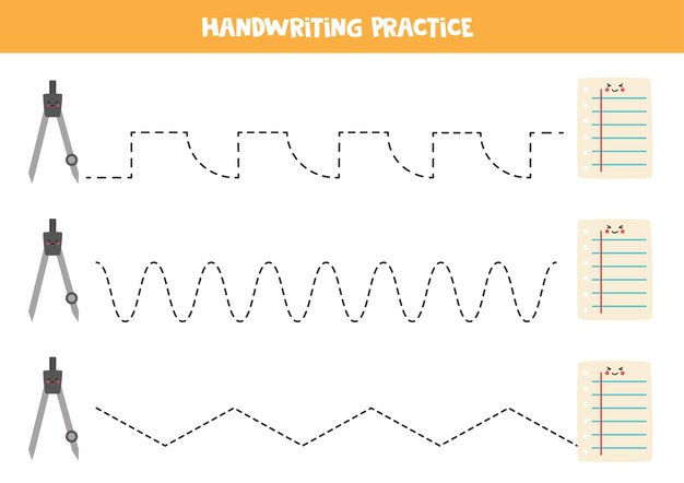 Vecteur tracer des lignes avec une jolie boussole kawaii et du papier. pratique de l'écriture.