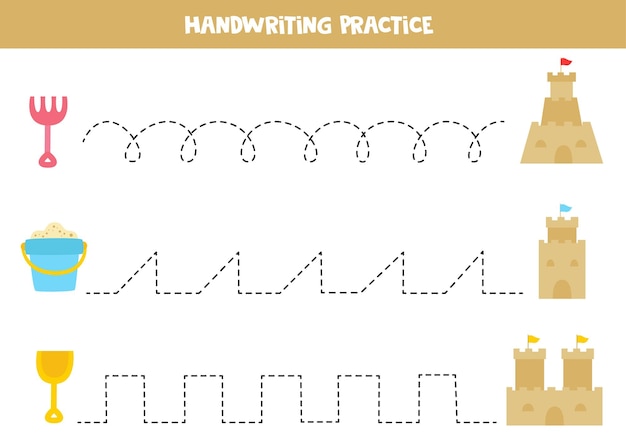 Tracer des lignes avec de jolis châteaux de sable s'entraînant à écrire