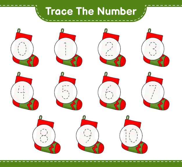 Tracer le numéro Tracing number with Christmas Sock Jeu éducatif pour enfants feuille de calcul imprimable illustration vectorielle