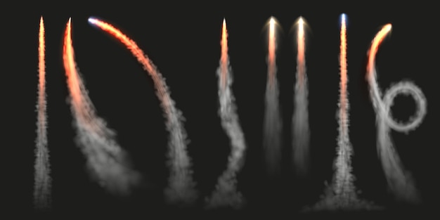 Vecteur traces de fumée de lancement de fusée traces dynamiques de mouche de jet traces de nuage de moteur d'avion et de fusée volante set d'illustrations de vecteurs isolés de traces de feu
