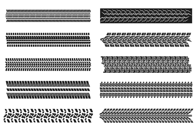 Traces de pneus éléments de méga-ensemble dans la conception graphique plate Ensemble d'objets de protecteurs de machines noires impressions avec différents motifs voitures sentiers routiers texture timbres de véhicules illustration vectorielle