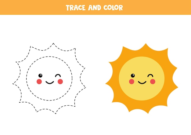 Tracez Et Coloriez Le Joli Soleil Kawaii. Jeu éducatif Pour Les Enfants. Pratique De L'écriture Et De La Coloration.