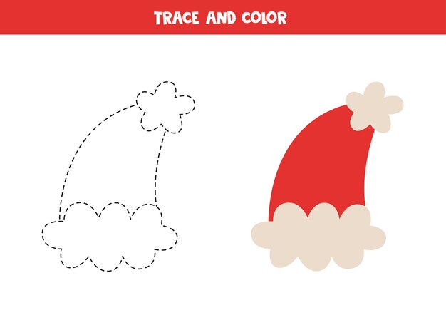 Tracez Et Coloriez Une Jolie Casquette De Père Noël. Feuille De Travail Pour Les Enfants.