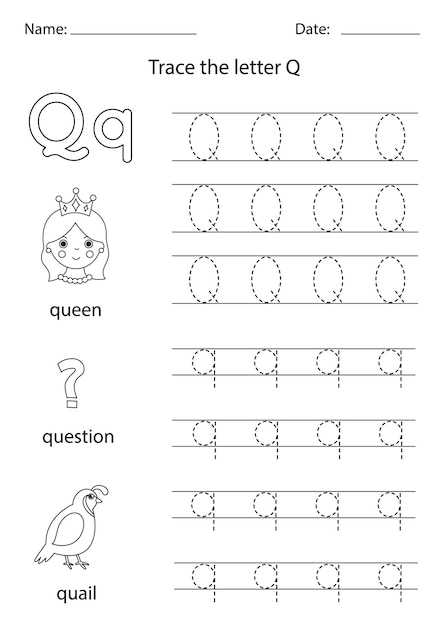 Tracez La Lettre Majuscule Et Minuscule Q. Feuille De Travail En Noir Et Blanc.