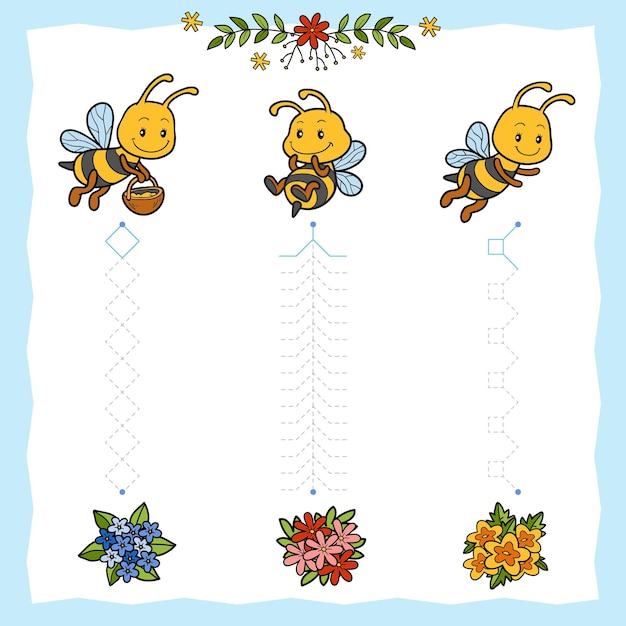 Tracez Les Lignes Pointillées Des Abeilles Aux Fleurs Reliez Le Jeu éducatif De Points Pour Les Enfants