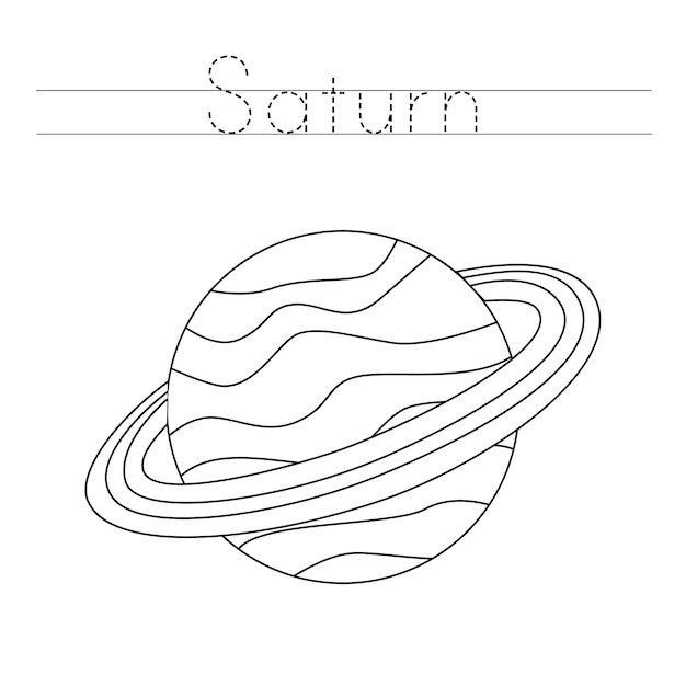 Tracez le mot. Planète de couleur Saturne. Pratique de l'écriture manuscrite pour les enfants d'âge préscolaire.