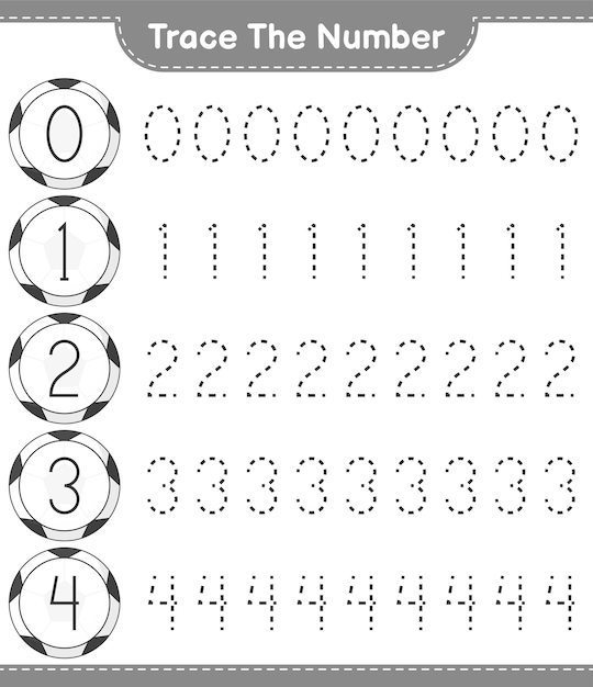 Vecteur tracez le numéro numéro de traçage avec le ballon de football feuille de travail imprimable du jeu éducatif pour enfants