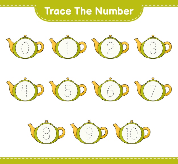 Vecteur tracez le numéro tracing number with teapot educational children game imprimable worksheet vector illustration