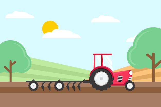 Vecteur tracteur de ferme champ agricole vert sensation rurale design plat illustration vectorielle