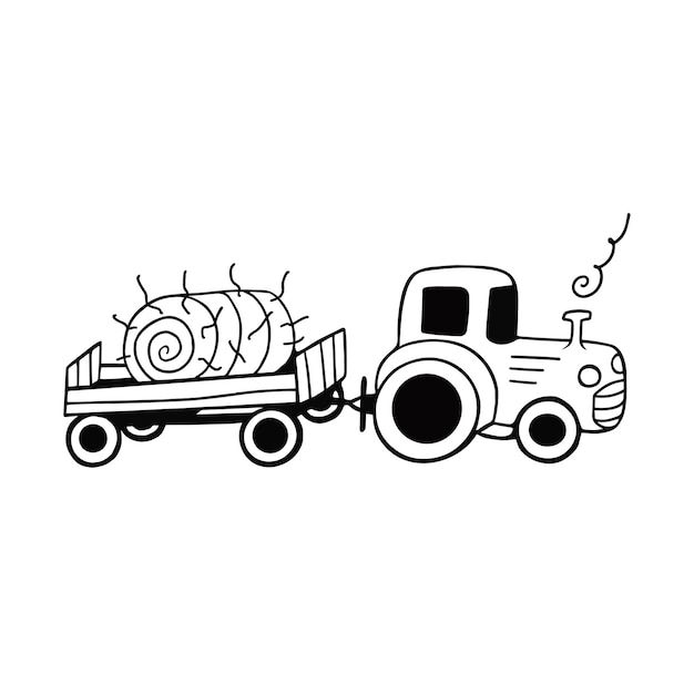 Tracteur Avec Remorque, Foin En Rouleau Sur Fond Blanc. Moment De La Récolte. Illustration Vectorielle Dessinée à La Main Pour L'impression, Les Cartes De Vœux, Les Affiches, Les Autocollants, Le Textile Et Le Design Saisonnier.