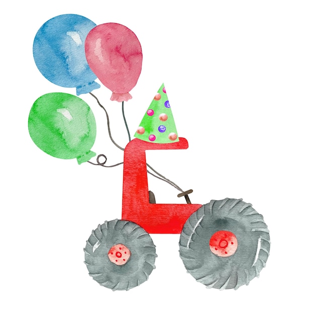 Tracteur rouge aquarelle mignon joyeux anniversaire avec des ballons