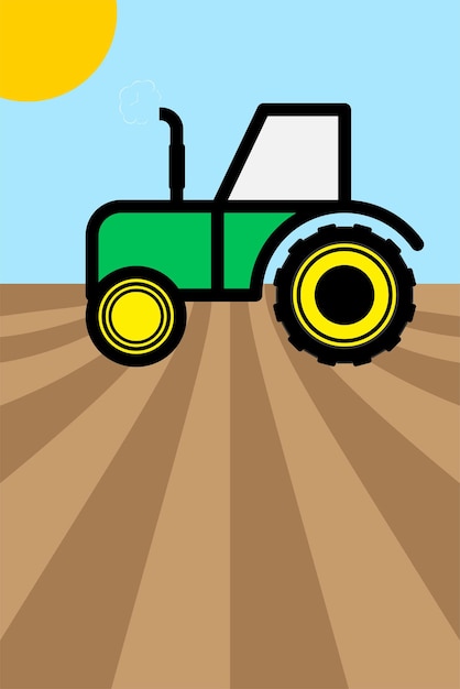 Tracteur vert cultivant la terre. Agriculture Affiche colorée avec espace de copie. Illustration vectorielle