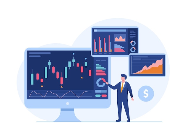 Trading Stock Forex Bitcoin Monnaie Chandelier Analyste Analyse Concept Marchandises Illustration Vectorielle Plane Pour Bannière Vecteur Premium