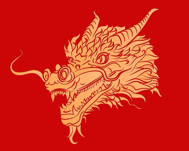 Vecteur traditionnel empereur dragon doré chinois tête en main dessiné sur fond rouge vif