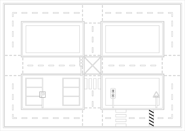 Traffic Road Map Top View Set contour noir et blanc