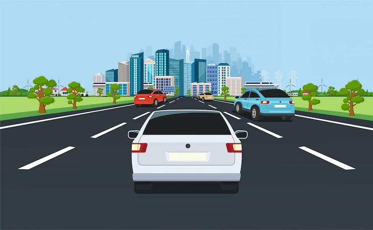 Vecteur trafic de la ville sur l'autoroute avec vue panoramique sur la ville moderne avec des gratte-ciel et des banlieues sur les montagnes de fond, les collines. route avec des voitures menant à la ville.