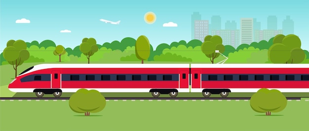 Train Sur Chemin De Fer Avec Forêt Et Ville Paysage Backgroundvector Illustration De Style Plat