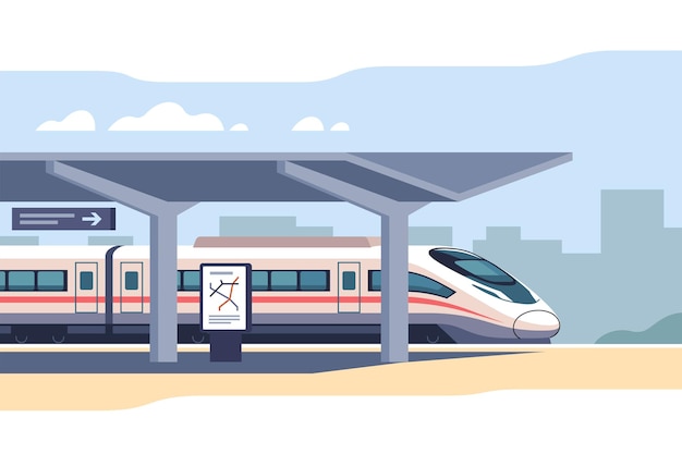 Un train à grande vitesse arrive à une gare moderne sous un ciel clair dans un paysage urbain animé.