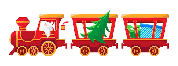 Train de Noël avec des cadeaux et un arbre Le père noël apporte des cadeaux Conception vectorielle