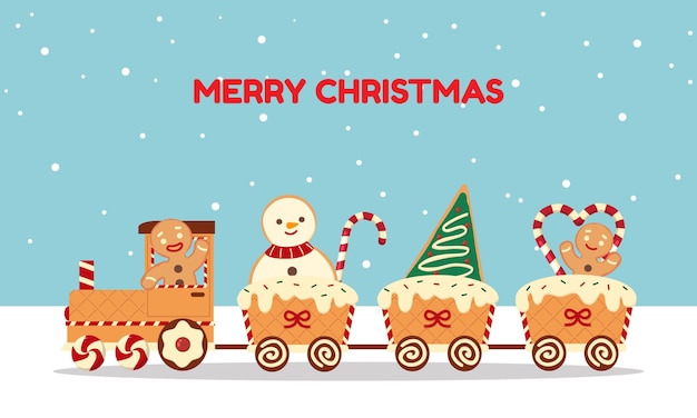 Train De Noël Fait Avec Des Biscuits De Pain D'épice Et Des Bonbons Salutation De Style Cartoon Plat