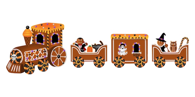 Vecteur train de pain d'épice d'halloween avec des bonbons et des biscuits