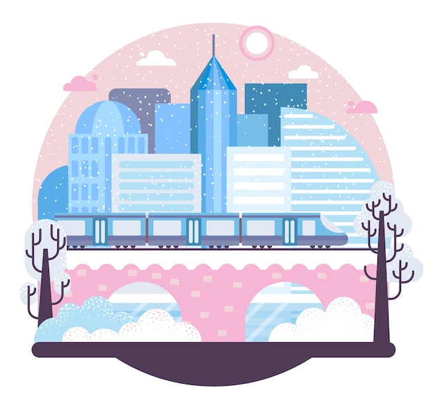 Train sur pont en fond d'hiver megapolis Illustration vectorielle