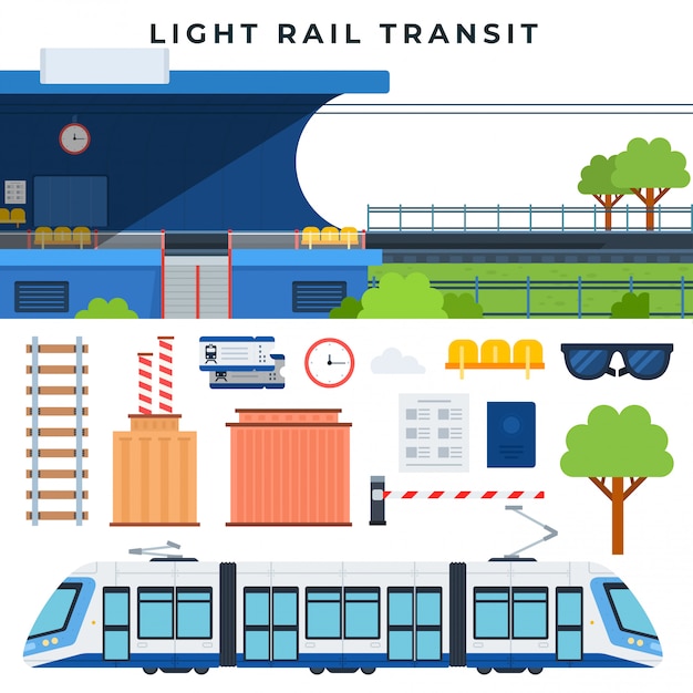 Vecteur trains de voyageurs. transit ferroviaire. transport ferroviaire de la ville moderne, ensemble d'éléments vectoriels. illustration vectorielle dans un style plat