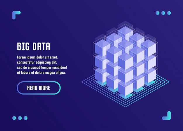 Vecteur traitement de données volumineuses, analyse de données, stockage de données, technologie blockchain. illustration vectorielle dans un style 3d plat isométrique.