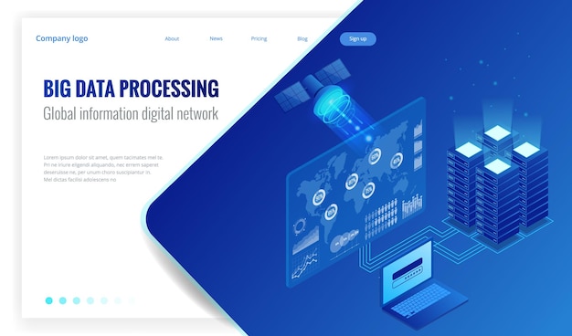 Traitement isométrique de données volumineuses, concept de réseau numérique d'informations mondiales, centre de données, base de données, technologie de l'information numérique. Modèles de bannières de site Web.