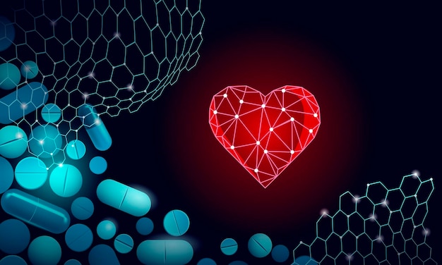 Traitement De Médecine Cardiaque De Médecine 3d. Vitamines De Pilule De Système D'organe Vasculaire De Diagnostic De Santé Humaine. Concept De Protection Cardiaque En Cardiologie. Illustration Vectorielle De Faible Poly.