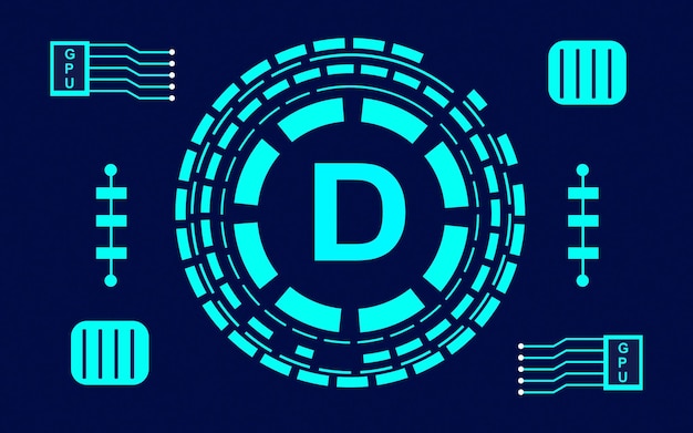 Traitement Des Pièces Doge Avec Chipset Gpu Sur Le Concept De Base De Données De Fond Bleu