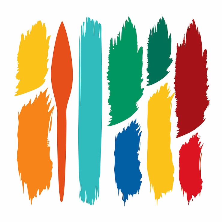 Vecteur des traits de peinture colorés, une palette de pinceaux, un design artistique, une texture abstraite, des teintes vives, des créations créatives.