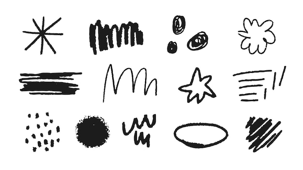 Traits de pinceau noirs abstraits et griffonnées Divers traits de pincet griffonsnées et formes abstraites Griffonnées et griffons abstraits dessinés à la main en noir Ensemble d'éléments d'illustration vectorielle
