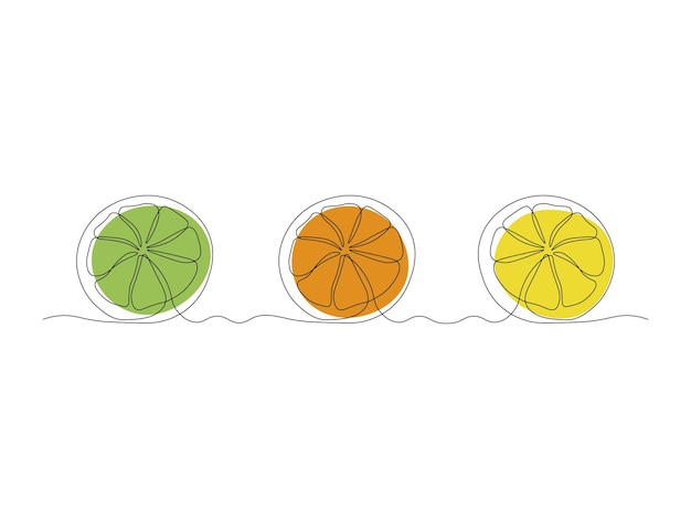 Vecteur tranche abstraite de citron orange citron vert dessin d'art continu d'une ligne