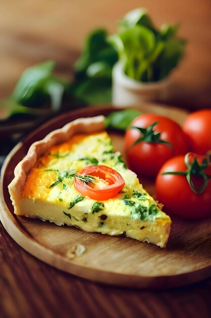 Vecteur une tranche de pizza au fromage et aux tomates sur une planche de bois de cuisine à découper, arrière-plan flou