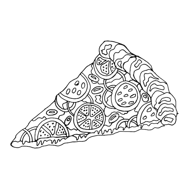 Tranche De Pizza Dessinée à La Main Avec Champignons, Oignons, Saucisses, Fromage, Poivrons Et Herbes. Esquisser