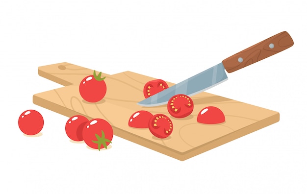 Trancher les tomates cerises avec un couteau. Hachage et broyage manuel d'ingrédients biologiques. illustration dans un style plat.