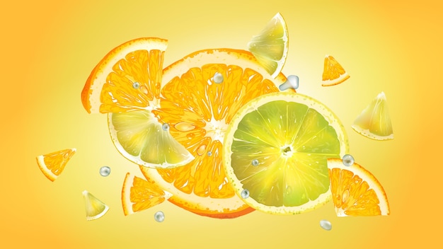 Des Tranches D'orange Et De Citron Avec Des Gouttelettes D'eau Se Dispersent Dans Des Directions Différentes. Illustration Réaliste.