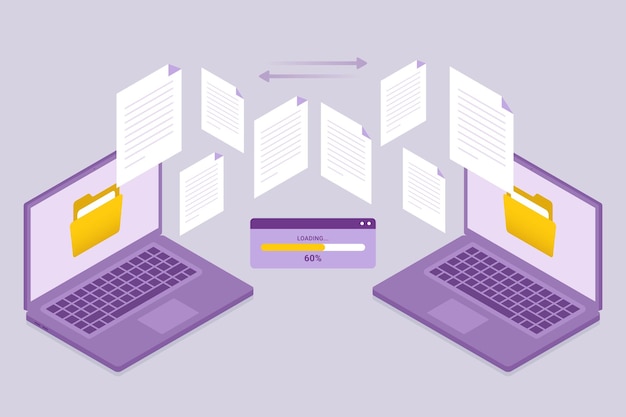 Transférer des fichiers de documents entre deux ordinateurs portables design concept illustration vectorielle