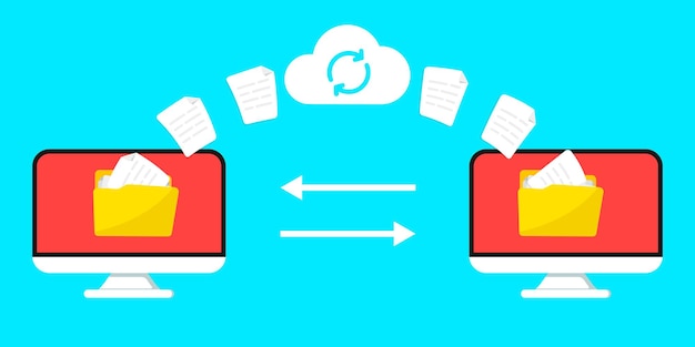 Vecteur transfert de fichiers téléchargement à distance de fichiers et de dossiers deux ordinateurs portables échangeant des données