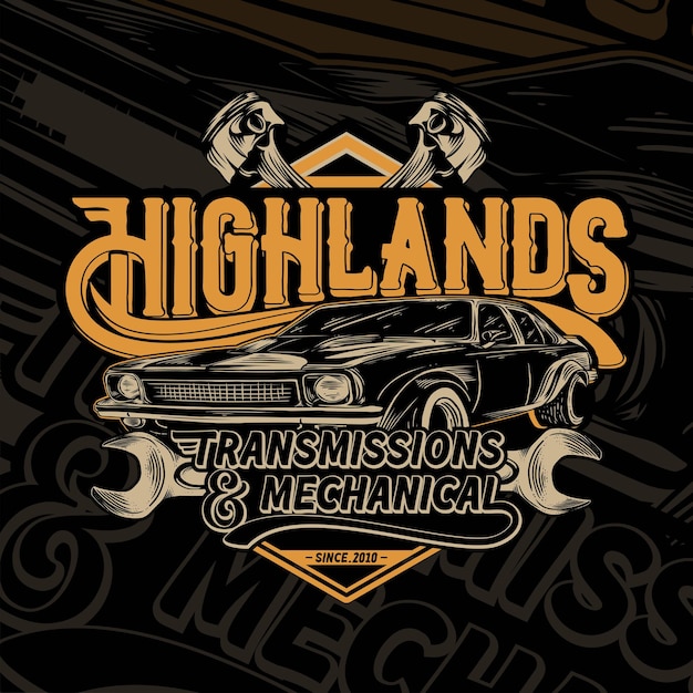 Transmissions Highland Et Typographie Mécanique Avec Illustrations De Voitures Noires