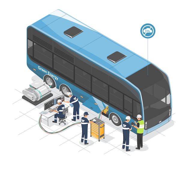 Vecteur transport énergie verte écologie bus urbain à faibles émissions équipe d'ingénieurs de développement bus électrique